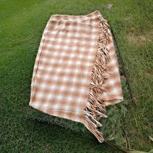Time & Tru Skirt M Tan Plaid Fringe Pull On Preppy Career Western Festival NWT